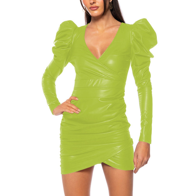 Plus Size Bubble Sleeve Deep V Neck Mini Dress Women Back Zipper PU Faux Leather Slim Dresses Night Club Party Sexy Short Gown