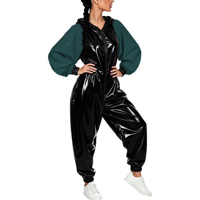 Plus Size Vinyl Women's Hooded Jumpsuit Party Glossy Batwing Sleeves PVC Leather Rompers Fetish Club Loose Patchwork Jumpsuit