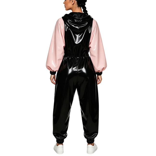 Plus Size Vinyl Women's Hooded Jumpsuit Party Glossy Batwing Sleeves PVC Leather Rompers Fetish Club Loose Patchwork Jumpsuit