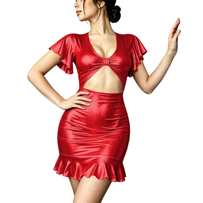 Shiny Metallic Hollow Bodycon Mini Dresses Plus Size Sexy Women Short Sleeve Mermaid Dress Club Party Evening Tight Gown Vestido