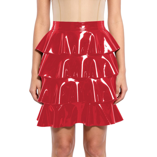 Plus Size PVC Vinyl Leather Tiered Mini Skirt High Waist Shiny Ruffle Hem Party Skirts Sissy Pleated Cake Skirt Carnival Outfits