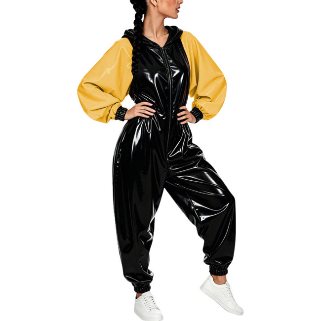 Plus Size Vinyl Women's Hooded Jumpsuit Party Glossy Batwing Sleeves PVC Leather Rompers Fetish Club Loose Patchwork Jumpsuit