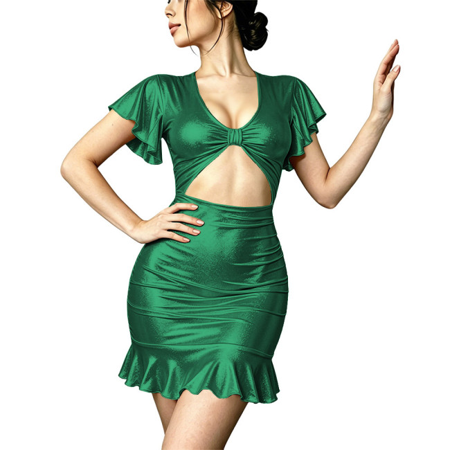 Shiny Metallic Hollow Bodycon Mini Dresses Plus Size Sexy Women Short Sleeve Mermaid Dress Club Party Evening Tight Gown Vestido