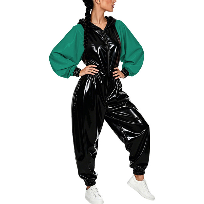 Plus Size Vinyl Women's Hooded Jumpsuit Party Glossy Batwing Sleeves PVC Leather Rompers Fetish Club Loose Patchwork Jumpsuit