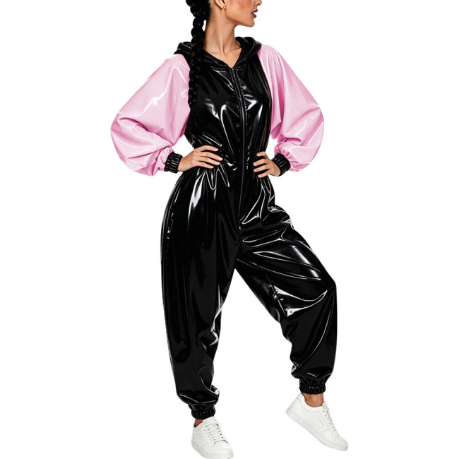 Plus Size Vinyl Women's Hooded Jumpsuit Party Glossy Batwing Sleeves PVC Leather Rompers Fetish Club Loose Patchwork Jumpsuit