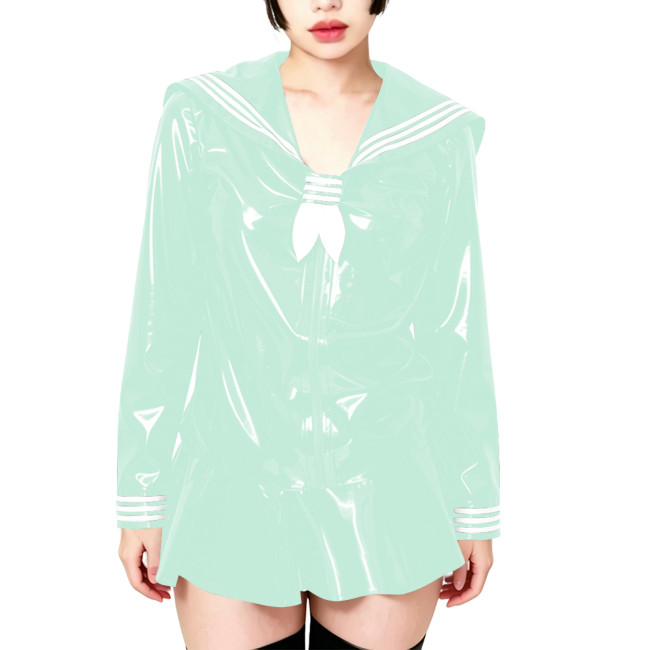 Fetish Shiny PVC Leather Sailor Suit Long-Sleeved Glossy Top and Pleated Miniskirt Cosplay Preppy Uniform Student Dress Sets 7XL