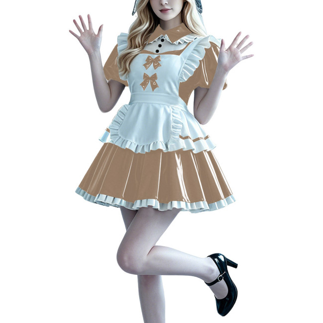 Lolita Anime PVC Sissy Maid Outfit Puff Short Sleeve Pleated French Maid Dress with Apron Halloween Party Club Cosplay Costume