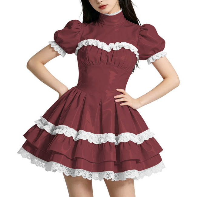 Shiny PVC Mini Prom Dress Puff Sleeves A-Line Short Vintage Evening Gowns Sweet Lockable Cosplay Party Costume Wetlook Clubwear