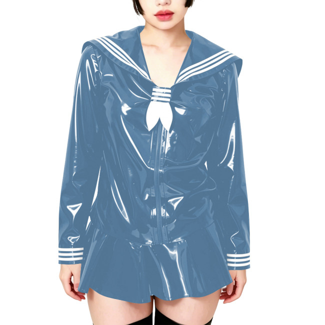 Fetish Shiny PVC Leather Sailor Suit Long-Sleeved Glossy Top and Pleated Miniskirt Cosplay Preppy Uniform Student Dress Sets 7XL
