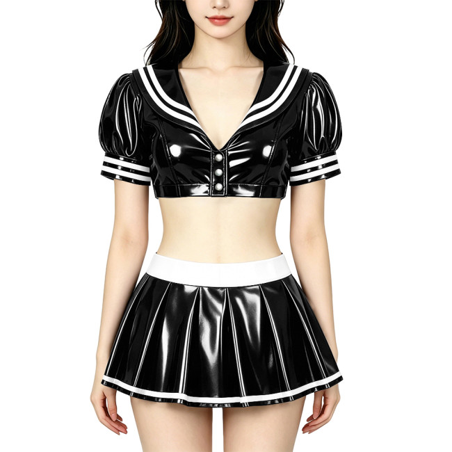 Anime PVC Shiny Leather Sailor Suit Party Cosplay Sailor Collar Student Uniform Wetlook Maid Sailor Sweet Role Playing Outfits
