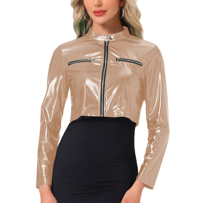 Plus Size Sexy Metallic Shiny Crop Jacket Wetlook Outerwears Long Sleeve Solid Color Short Coats Woman Night Club Party Outfits