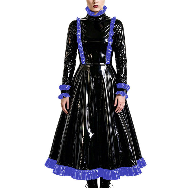 Gothic Elegant Long Pleated Dress Fetish PVC Vinyl Leather High Neck A-line Dress Party Cosplay Long Sleeve Ruffles Maxi Dresses