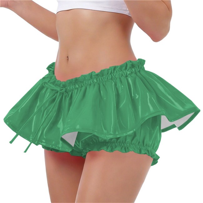 PVC Vinyl Leather Ruffles Shorts Sexy Low-rise Lolita Bloomers Sissy Glossy Solid Color Hot Pants with Skirt Cosplay Costume 7XL