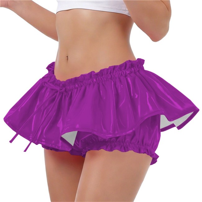 PVC Vinyl Leather Ruffles Shorts Sexy Low-rise Lolita Bloomers Sissy Glossy Solid Color Hot Pants with Skirt Cosplay Costume 7XL