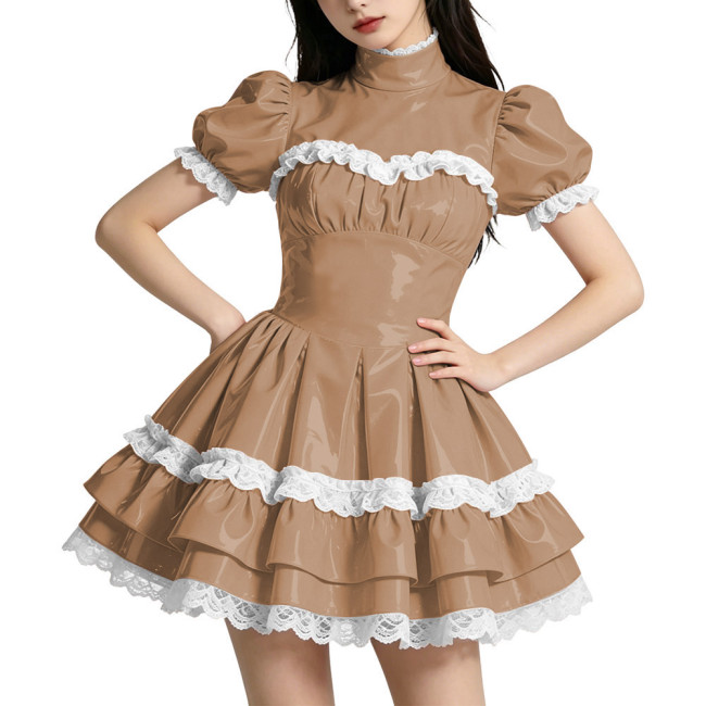 Shiny PVC Mini Prom Dress Puff Sleeves A-Line Short Vintage Evening Gowns Sweet Lockable Cosplay Party Costume Wetlook Clubwear