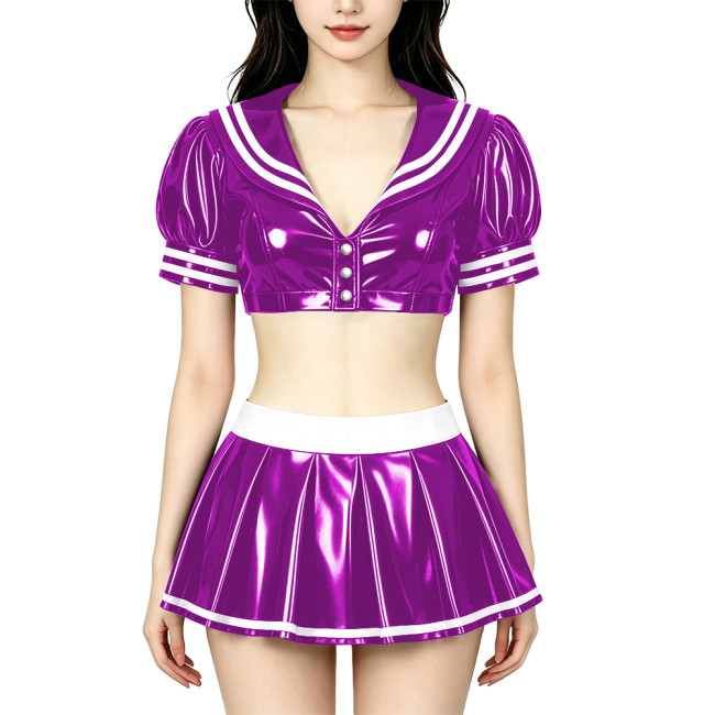 Anime PVC Shiny Leather Sailor Suit Party Cosplay Sailor Collar Student Uniform Wetlook Maid Sailor Sweet Role Playing Outfits