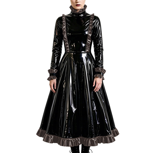 Gothic Elegant Long Pleated Dress Fetish PVC Vinyl Leather High Neck A-line Dress Party Cosplay Long Sleeve Ruffles Maxi Dresses