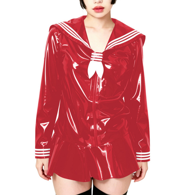 Fetish Shiny PVC Leather Sailor Suit Long-Sleeved Glossy Top and Pleated Miniskirt Cosplay Preppy Uniform Student Dress Sets 7XL