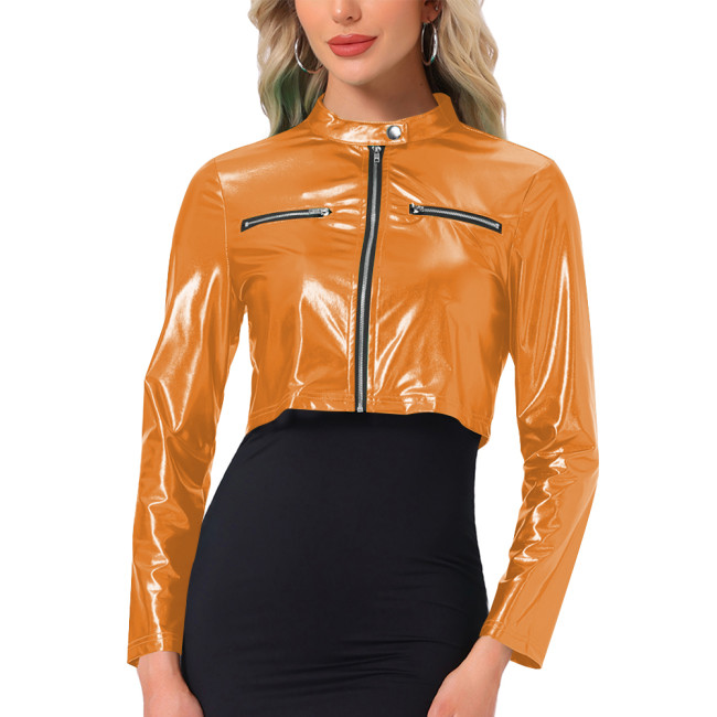 Plus Size Sexy Metallic Shiny Crop Jacket Wetlook Outerwears Long Sleeve Solid Color Short Coats Woman Night Club Party Outfits