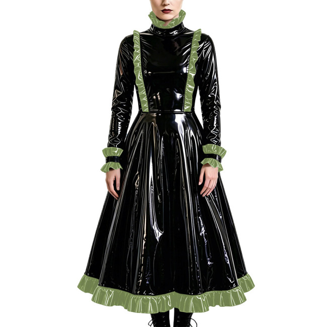 Gothic Elegant Long Pleated Dress Fetish PVC Vinyl Leather High Neck A-line Dress Party Cosplay Long Sleeve Ruffles Maxi Dresses