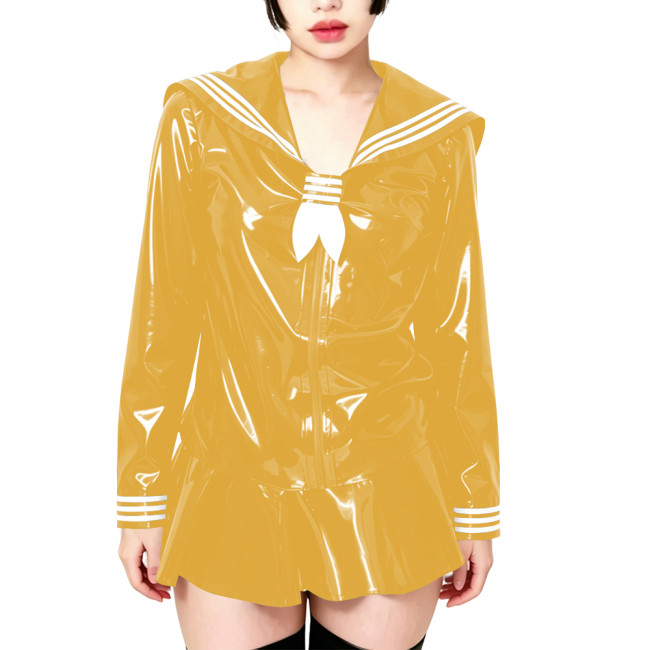 Fetish Shiny PVC Leather Sailor Suit Long-Sleeved Glossy Top and Pleated Miniskirt Cosplay Preppy Uniform Student Dress Sets 7XL
