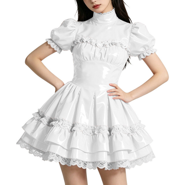 Shiny PVC Mini Prom Dress Puff Sleeves A-Line Short Vintage Evening Gowns Sweet Lockable Cosplay Party Costume Wetlook Clubwear