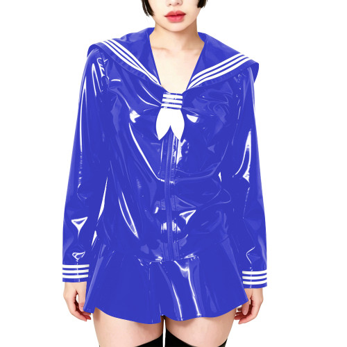 Fetish Shiny PVC Leather Sailor Suit Long-Sleeved Glossy Top and Pleated Miniskirt Cosplay Preppy Uniform Student Dress Sets 7XL