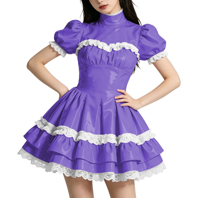 Shiny PVC Mini Prom Dress Puff Sleeves A-Line Short Vintage Evening Gowns Sweet Lockable Cosplay Party Costume Wetlook Clubwear