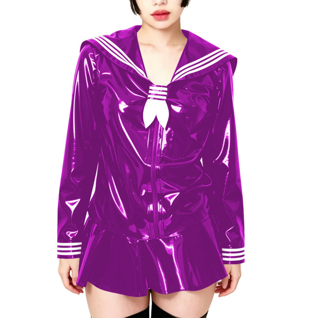 Fetish Shiny PVC Leather Sailor Suit Long-Sleeved Glossy Top and Pleated Miniskirt Cosplay Preppy Uniform Student Dress Sets 7XL