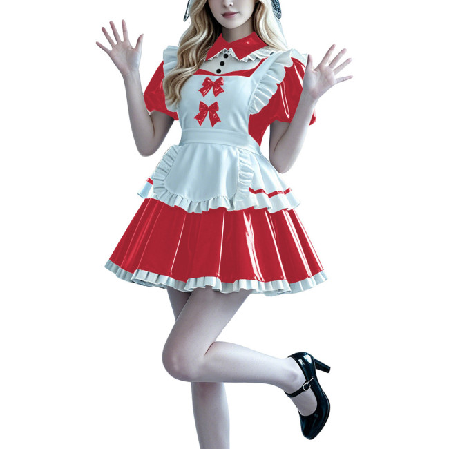 Lolita Anime PVC Sissy Maid Outfit Puff Short Sleeve Pleated French Maid Dress with Apron Halloween Party Club Cosplay Costume