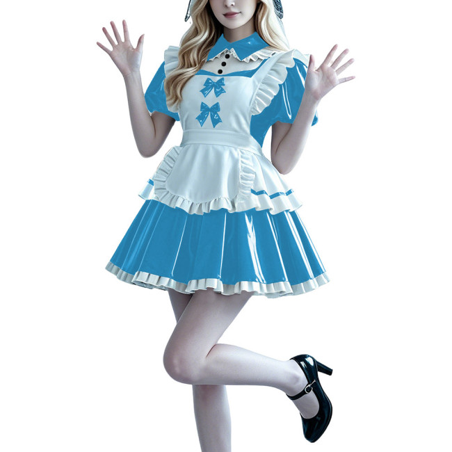 Lolita Anime PVC Sissy Maid Outfit Puff Short Sleeve Pleated French Maid Dress with Apron Halloween Party Club Cosplay Costume