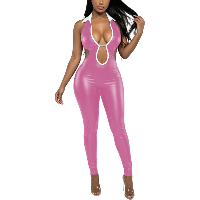 Women PU Leather Deep V-neck Sexy Jumpsuit Backless Hollow Out High Street Rompers Chic Party Fashion One Piece Suit Catsuit