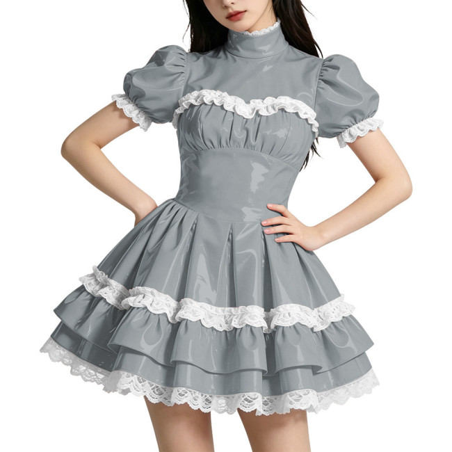 Shiny PVC Mini Prom Dress Puff Sleeves A-Line Short Vintage Evening Gowns Sweet Lockable Cosplay Party Costume Wetlook Clubwear