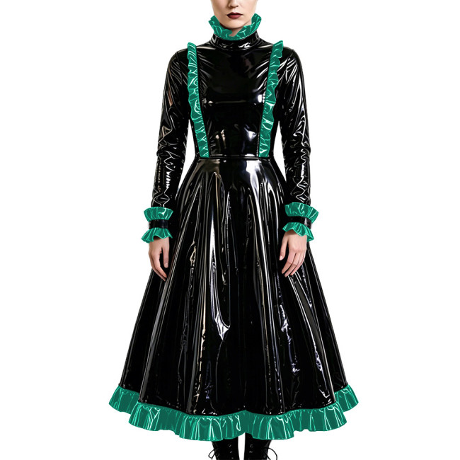 Gothic Elegant Long Pleated Dress Fetish PVC Vinyl Leather High Neck A-line Dress Party Cosplay Long Sleeve Ruffles Maxi Dresses