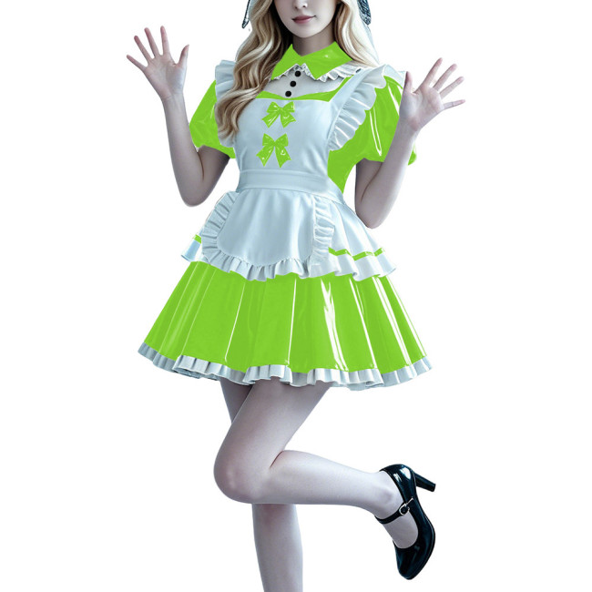 Lolita Anime PVC Sissy Maid Outfit Puff Short Sleeve Pleated French Maid Dress with Apron Halloween Party Club Cosplay Costume