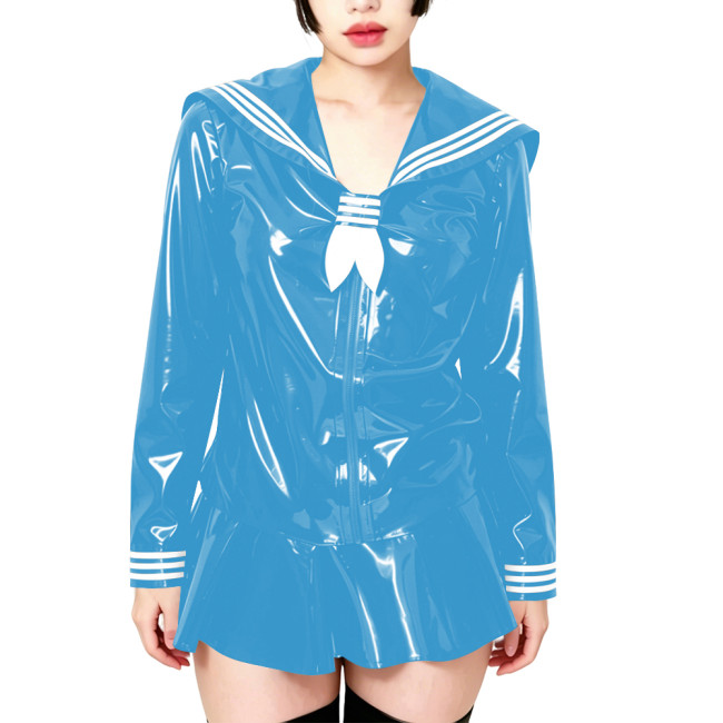 Fetish Shiny PVC Leather Sailor Suit Long-Sleeved Glossy Top and Pleated Miniskirt Cosplay Preppy Uniform Student Dress Sets 7XL