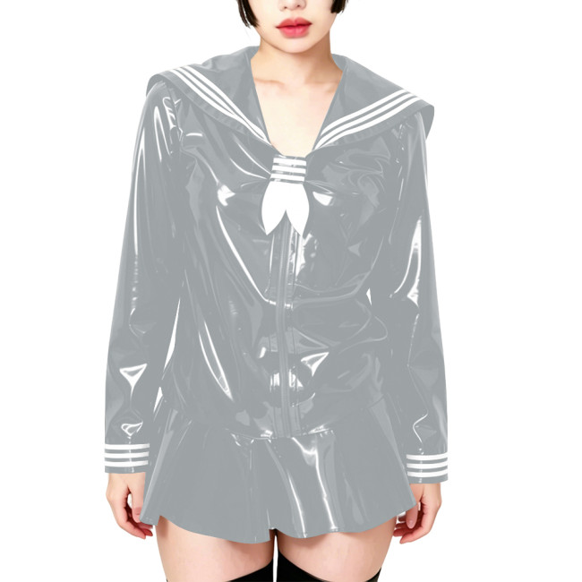 Fetish Shiny PVC Leather Sailor Suit Long-Sleeved Glossy Top and Pleated Miniskirt Cosplay Preppy Uniform Student Dress Sets 7XL