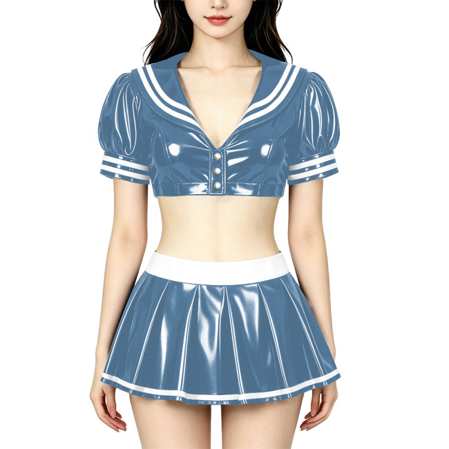 Anime PVC Shiny Leather Sailor Suit Party Cosplay Sailor Collar Student Uniform Wetlook Maid Sailor Sweet Role Playing Outfits