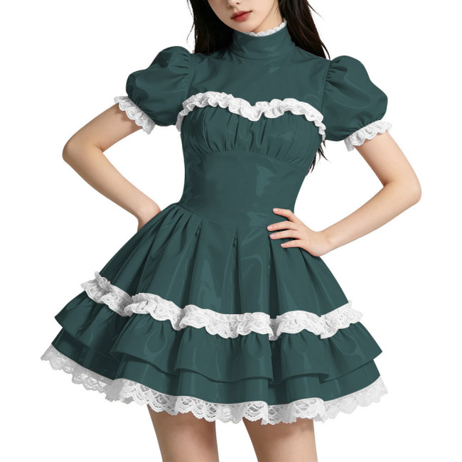 Shiny PVC Mini Prom Dress Puff Sleeves A-Line Short Vintage Evening Gowns Sweet Lockable Cosplay Party Costume Wetlook Clubwear