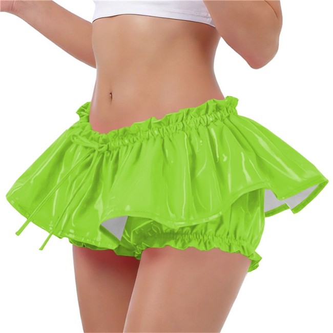 PVC Vinyl Leather Ruffles Shorts Sexy Low-rise Lolita Bloomers Sissy Glossy Solid Color Hot Pants with Skirt Cosplay Costume 7XL