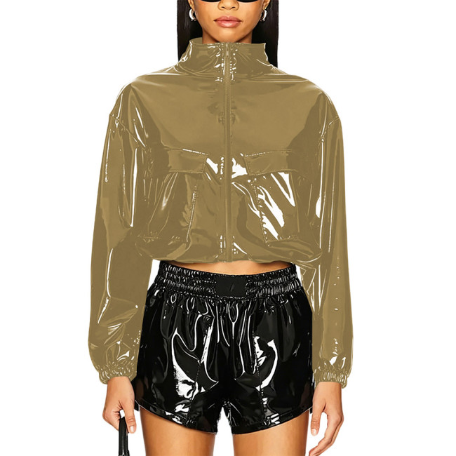 Party Punk PVC Patent Leather Jacket Long Sleeve Zipper Front Crop Jacket Wetlook Loose Short Coat Casual Fashion Top Overcoat