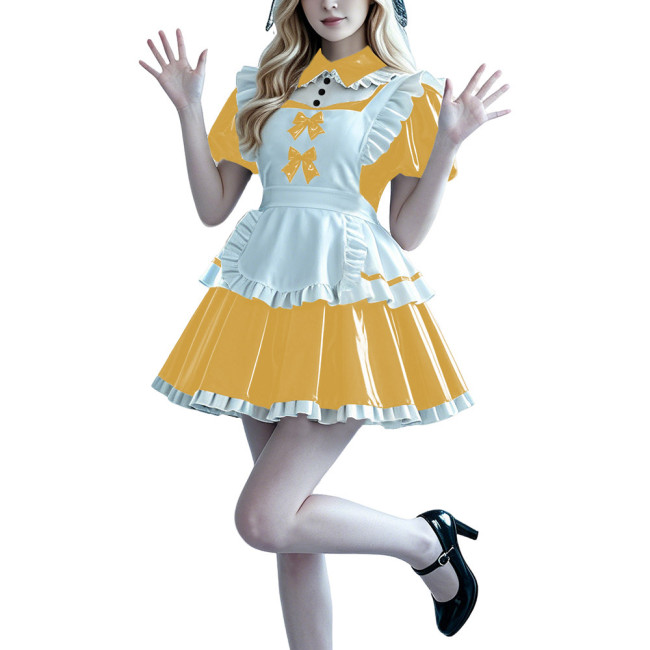 Lolita Anime PVC Sissy Maid Outfit Puff Short Sleeve Pleated French Maid Dress with Apron Halloween Party Club Cosplay Costume