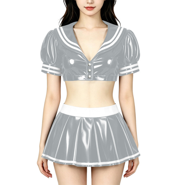 Anime PVC Shiny Leather Sailor Suit Party Cosplay Sailor Collar Student Uniform Wetlook Maid Sailor Sweet Role Playing Outfits