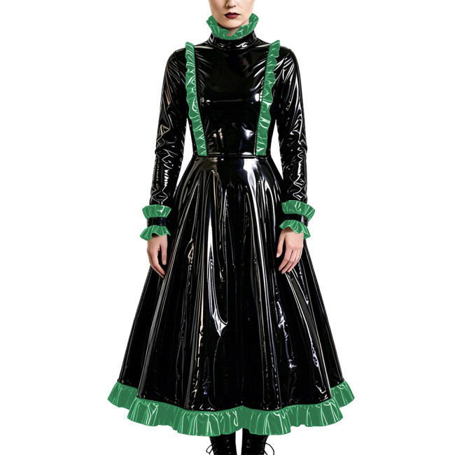 Gothic Elegant Long Pleated Dress Fetish PVC Vinyl Leather High Neck A-line Dress Party Cosplay Long Sleeve Ruffles Maxi Dresses