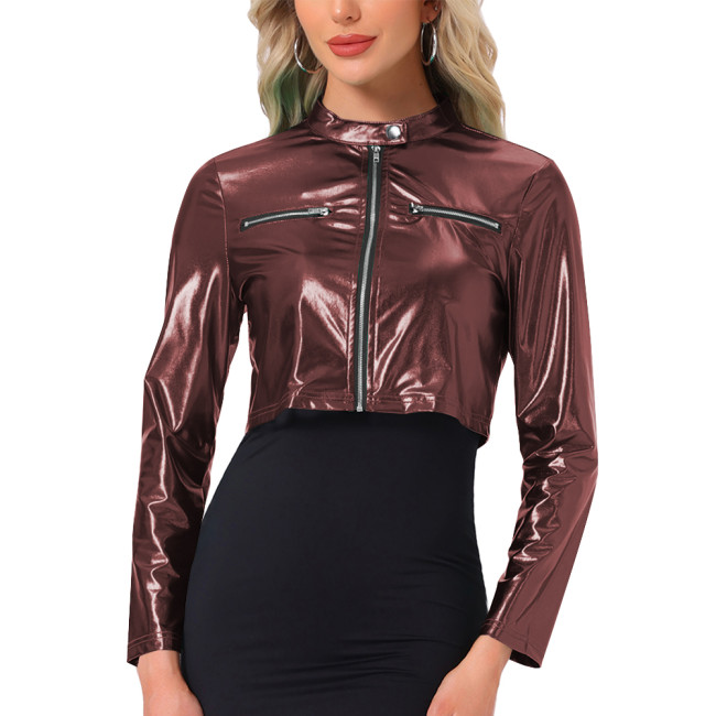 Plus Size Sexy Metallic Shiny Crop Jacket Wetlook Outerwears Long Sleeve Solid Color Short Coats Woman Night Club Party Outfits