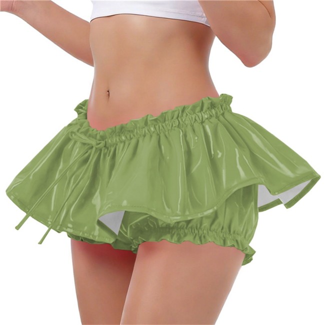 PVC Vinyl Leather Ruffles Shorts Sexy Low-rise Lolita Bloomers Sissy Glossy Solid Color Hot Pants with Skirt Cosplay Costume 7XL
