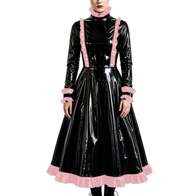 Gothic Elegant Long Pleated Dress Fetish PVC Vinyl Leather High Neck A-line Dress Party Cosplay Long Sleeve Ruffles Maxi Dresses