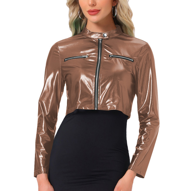 Plus Size Sexy Metallic Shiny Crop Jacket Wetlook Outerwears Long Sleeve Solid Color Short Coats Woman Night Club Party Outfits