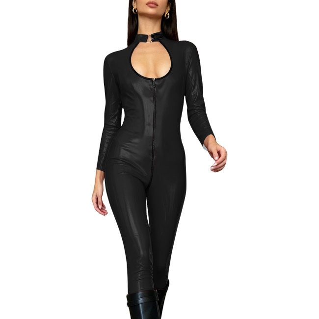 Women's Vinyl Faux Leather Hollow Bodysuit PVC Shiny Zipper Open Crotch Long Sleeve Jumpsuit Club Wear Party Overalls Cosplay