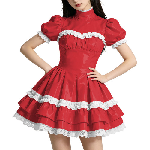 Shiny PVC Mini Prom Dress Puff Sleeves A-Line Short Vintage Evening Gowns Sweet Lockable Cosplay Party Costume Wetlook Clubwear